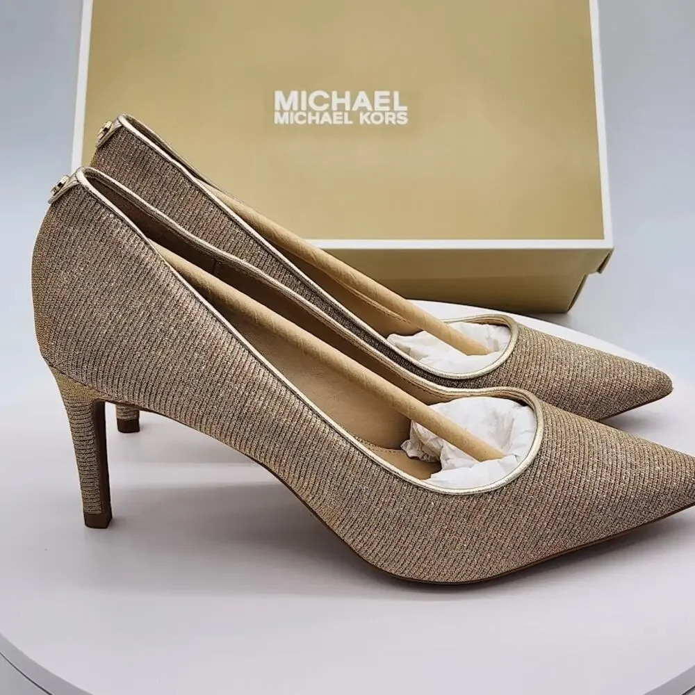 NEW Michael Kors Alina Flex Pump Pale Gold Glitter Chain Mesh Heels Size 5.5M